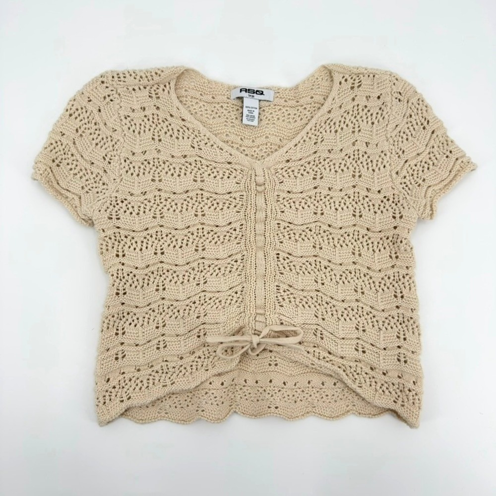 RSQ Girls Tan Cotton Pointelle Knit Short Sleeve Cardigan Button Front Large